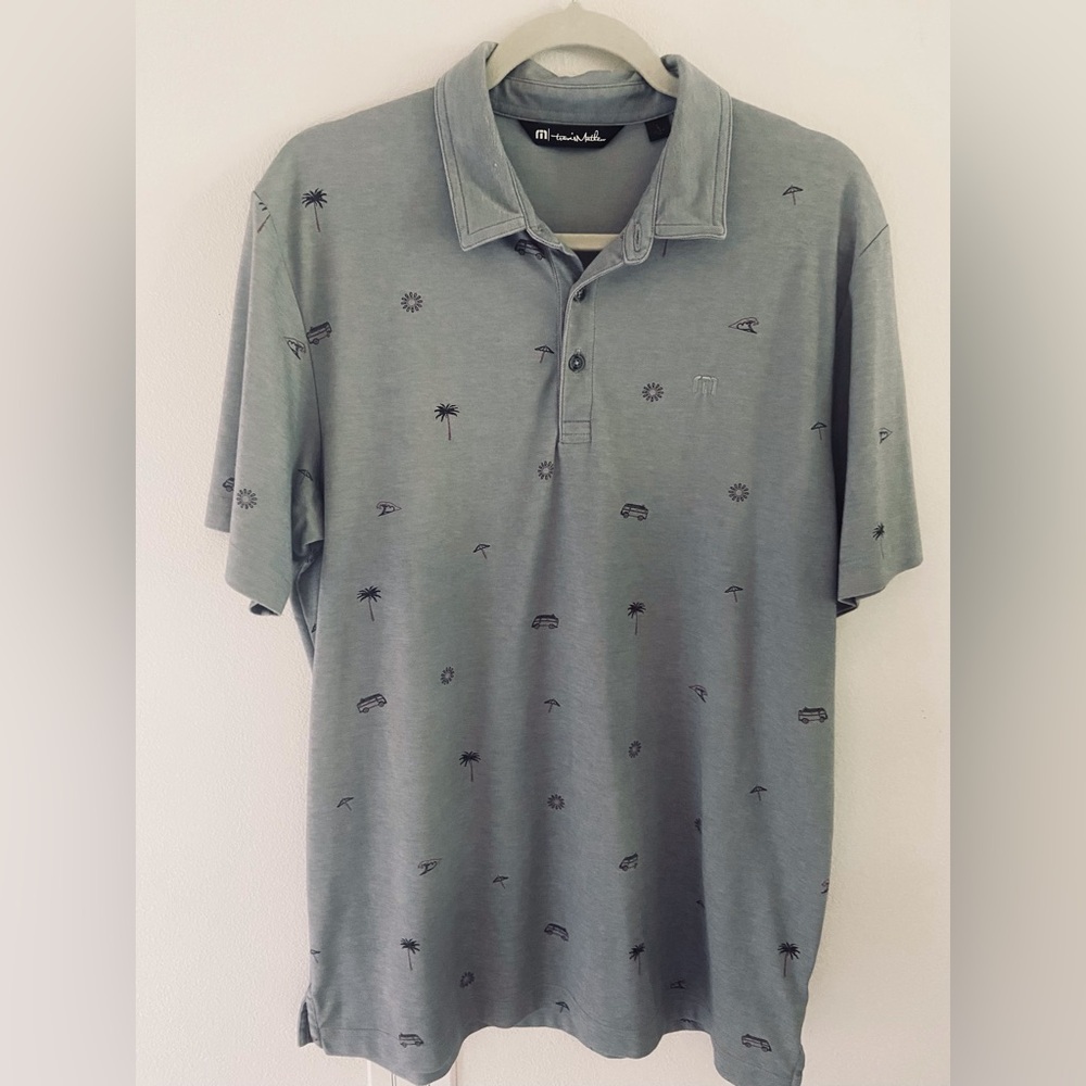Travis Mathew Men's Casual Golf Polo Shirt - Gray with Micro Beach Print Size L